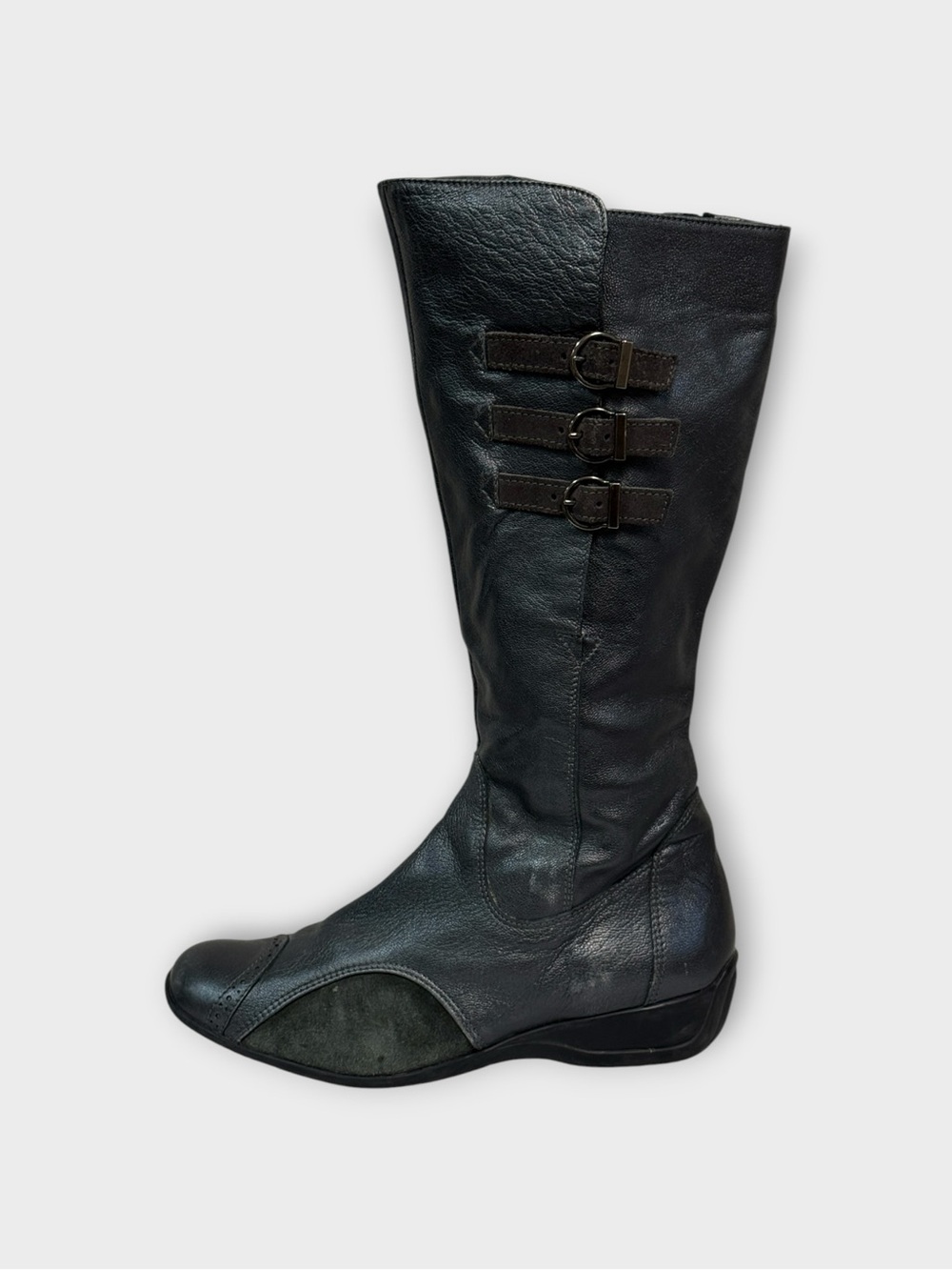 Predictions Grey Metallic Leather Triple Buckle Riding Boots